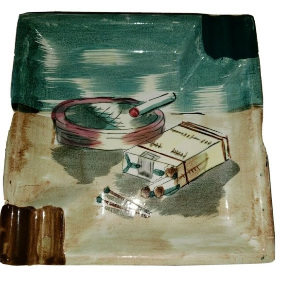 Vintage Ceramic Hand Painted Retro MCM 70s Square Ashtray - Picture 1 of 4